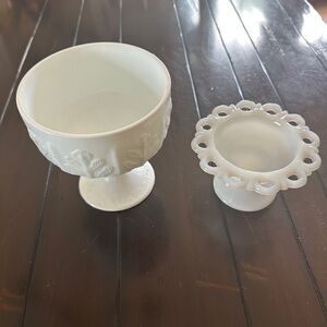 White Milk Glass Compote and Vase Set
